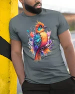 Colorful Artistic Bird Illustration Graphic T Shirt With Nature Vibe - model wearing grey tee, leaning on column