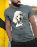 Cute White Poodle Portrait Graphic Tee With Elegant Dog Art - model wearing grey tee, leaning on column