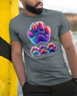 Colorful Furry Paw Print Graphic Tee With Cute Animal Art - model wearing grey tee, leaning on column