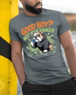 Good Boy Not Your Banker Funny Bulldog Money Graphic T Shirt - model wearing grey tee, leaning on column