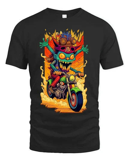 Crazy Goblin Biker Graphic Tee Wild Cartoon Motorcycle Art - black t-shirt on white background