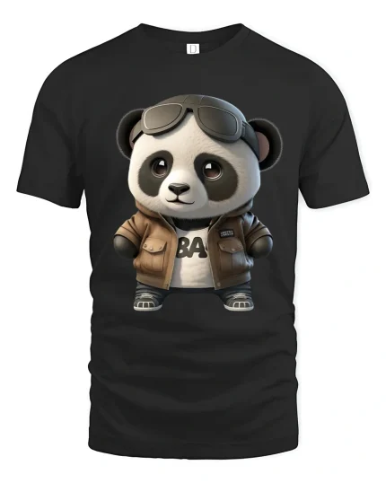 Cool Panda Aviator Graphic Tee Cute Stylish Cartoon Art - black t-shirt on white background