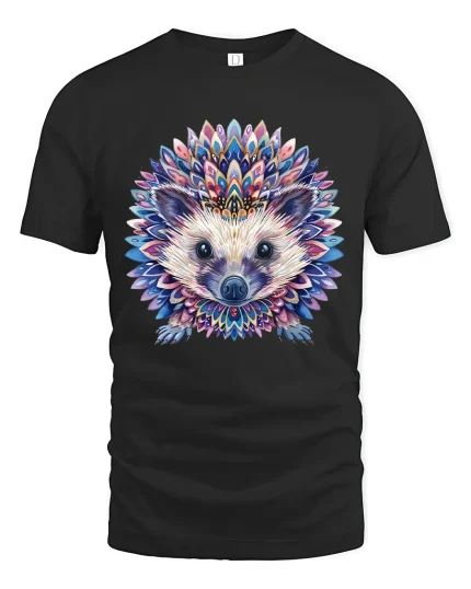 Colorful Mandala Hedgehog Graphic Tee Artistic Animal Art - black t-shirt on white background