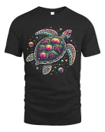 Psychedelic Sea Turtle Graphic Tee Colorful Cosmic Art - black t-shirt on white background