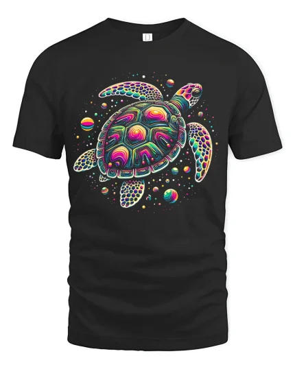 Psychedelic Sea Turtle Graphic Tee Colorful Cosmic Art - black t-shirt on white background