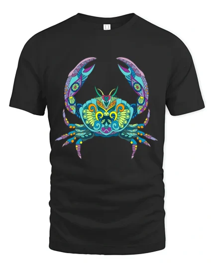 Colorful Mandala Crab Graphic Tee Vibrant Ocean Art - black t-shirt on white background