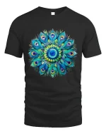 Colorful Peacock Mandala Graphic Tee Vibrant Feather Art - black t-shirt on white background