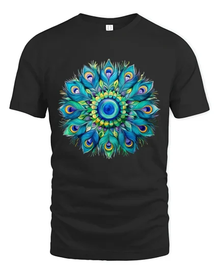 Colorful Peacock Mandala Graphic Tee Vibrant Feather Art - black t-shirt on white background