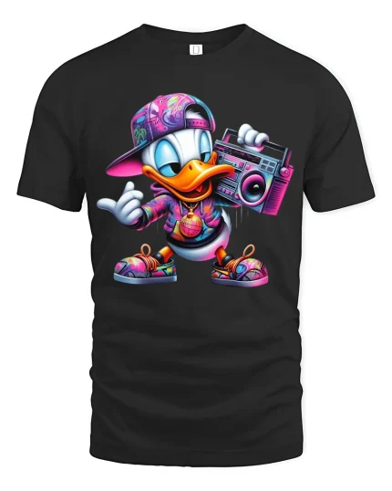 Hip Hop Duck Boombox Graphic Tee Funky Street Art Style - black t-shirt on white background