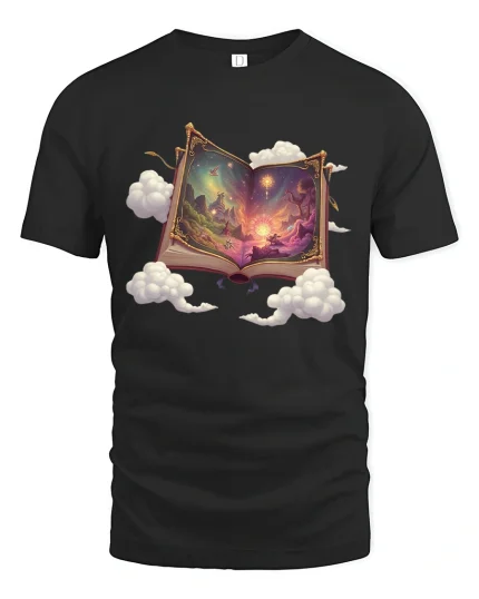Magical Fantasy Book Graphic Tee Dreamy Story Art - black t-shirt on white background