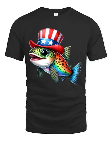 Patriotic Fish Graphic Tee Funny Uncle Sam Style Art - black t-shirt on white background