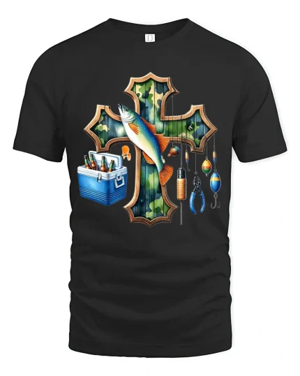 Fishing Cross Graphic Tee Faith Outdoors Fish Art Shirt - black t-shirt on white background