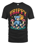 Trippy Teddy Bear Graphic Tee Psychedelic Mushroom Art - black t-shirt on white background