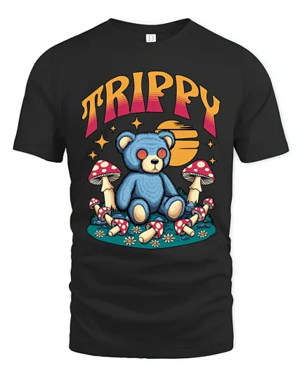 Trippy Teddy Bear Graphic Tee Psychedelic Mushroom Art - black t-shirt on white background