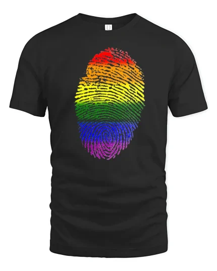 Rainbow Fingerprint Graphic Tee Colorful Identity Art - black t-shirt on white background