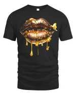 Golden Dripping Lips Graphic Tee Bold Luxury Art Style - black t-shirt on white background