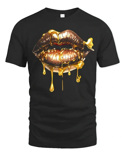 Golden Dripping Lips Graphic Tee Bold Luxury Art Style - black t-shirt on white background