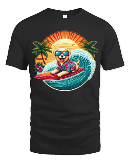 Surfing Dog Graphic Tee Tropical Beach Wave Cartoon Art - black t-shirt on white background