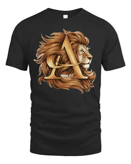 Golden Lion Letter A Graphic Tee Royal Strength Art - black t-shirt on white background