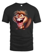 Crazy Laughing Beaver Cartoon Graphic Tee Wild Fun Art - black t-shirt on white background