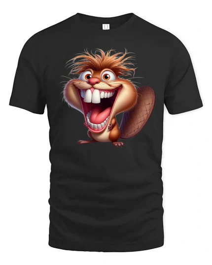 Crazy Laughing Beaver Cartoon Graphic Tee Wild Fun Art - black t-shirt on white background