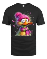 Funny Duck Graphic Tee Cute Colorful Cartoon Winter Art - black t-shirt on white background