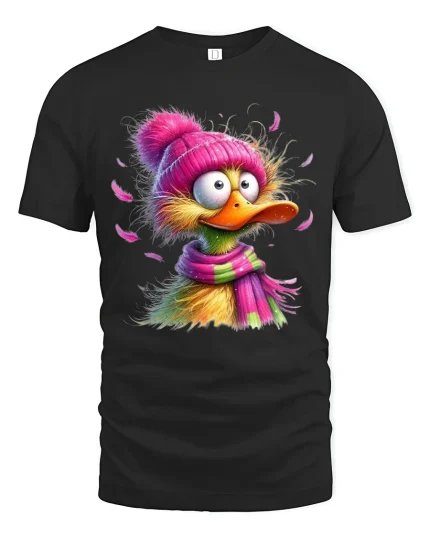 Funny Duck Graphic Tee Cute Colorful Cartoon Winter Art - black t-shirt on white background