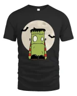 Cute Frankenstein Monster Graphic Tee Funny Spooky Cartoon - black t-shirt on white background
