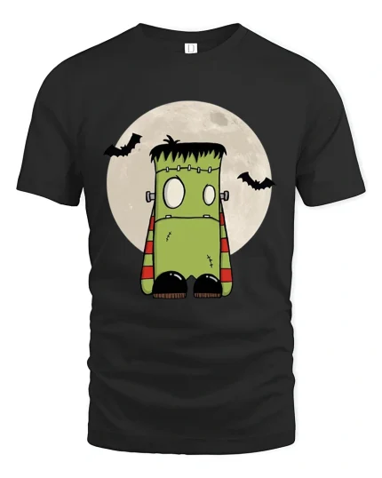 Cute Frankenstein Monster Graphic Tee Funny Spooky Cartoon - black t-shirt on white background