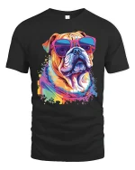 Colorful Bulldog Sunglasses Graphic Tee Cool Pop Art Style - black t-shirt on white background