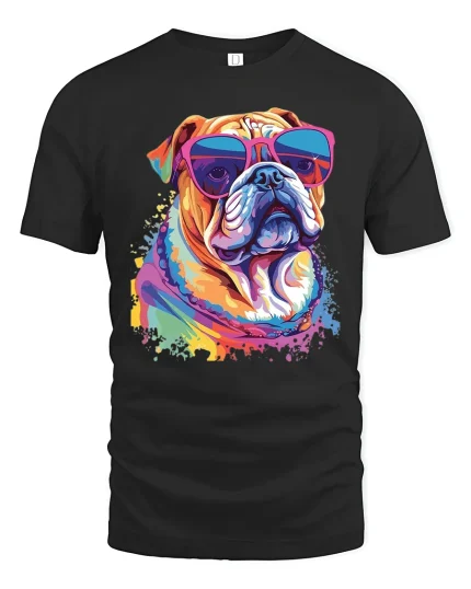 Colorful Bulldog Sunglasses Graphic Tee Cool Pop Art Style - black t-shirt on white background