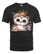Cute Owl Princess Graphic Tee Adorable Crowned Animal Art - black t-shirt on white background