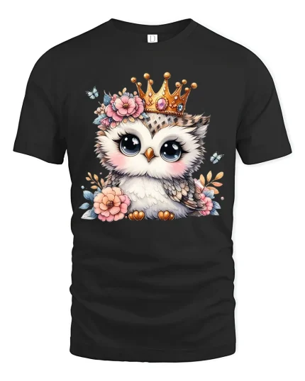 Cute Owl Princess Graphic Tee Adorable Crowned Animal Art - black t-shirt on white background