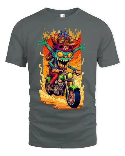 Crazy Goblin Biker Graphic Tee Wild Cartoon Motorcycle Art - gray t-shirt on white background