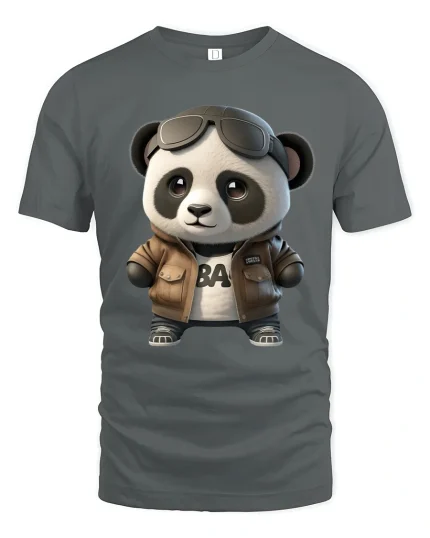 Cool Panda Aviator Graphic Tee Cute Stylish Cartoon Art - gray t-shirt on white background