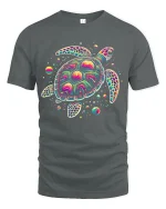 Psychedelic Sea Turtle Graphic Tee Colorful Cosmic Art - gray t-shirt on white background
