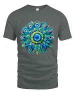 Colorful Peacock Mandala Graphic Tee Vibrant Feather Art - gray t-shirt on white background