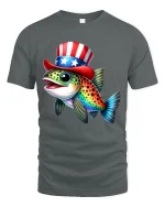 Patriotic Fish Graphic Tee Funny Uncle Sam Style Art - gray t-shirt on white background