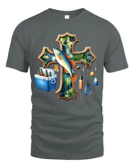 Fishing Cross Graphic Tee Faith Outdoors Fish Art Shirt - gray t-shirt on white background