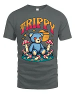 Trippy Teddy Bear Graphic Tee Psychedelic Mushroom Art - gray t-shirt on white background
