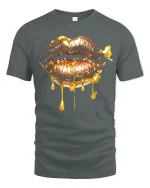Golden Dripping Lips Graphic Tee Bold Luxury Art Style - gray t-shirt on white background