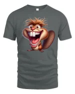 Crazy Laughing Beaver Cartoon Graphic Tee Wild Fun Art - gray t-shirt on white background