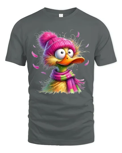 Funny Duck Graphic Tee Cute Colorful Cartoon Winter Art - gray t-shirt on white background