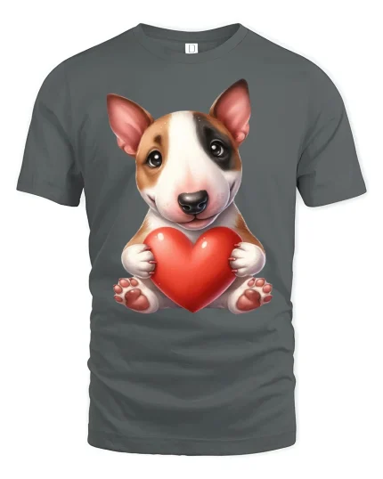 Cute Puppy Love Graphic Tee Adorable Dog Holding Heart Art - gray t-shirt on white background
