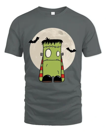 Cute Frankenstein Monster Graphic Tee Funny Spooky Cartoon - gray t-shirt on white background