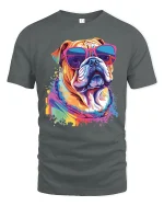 Colorful Bulldog Sunglasses Graphic Tee Cool Pop Art Style - gray t-shirt on white background