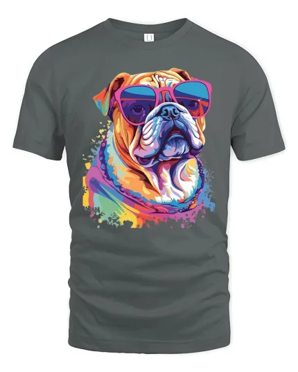 Colorful Bulldog Sunglasses Graphic Tee Cool Pop Art Style - gray t-shirt on white background