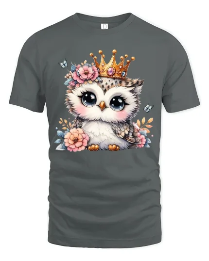 Cute Owl Princess Graphic Tee Adorable Crowned Animal Art - gray t-shirt on white background