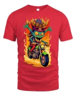 Crazy Goblin Biker Graphic Tee Wild Cartoon Motorcycle Art - red t-shirt on white background