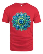 Colorful Peacock Mandala Graphic Tee Vibrant Feather Art - red t-shirt on white background